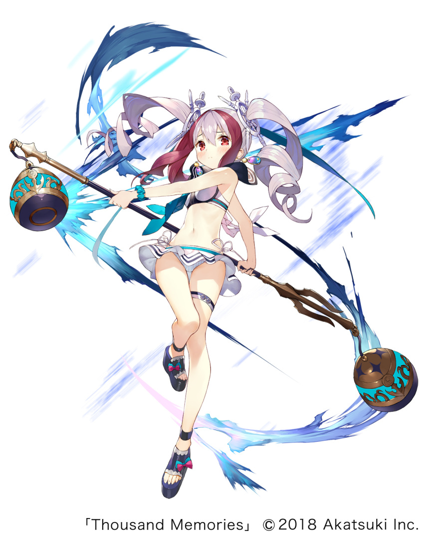 blush breasts drill_hair full_body highres holding holding_weapon looking_at_viewer matsui_hiroaki multicolored_hair official_art panties pantyshot pantyshot_(standing) red_eyes small_breasts standing standing_on_one_leg stomach thigh_strap thousand_memories twin_drills two-tone_hair underwear weapon white_panties