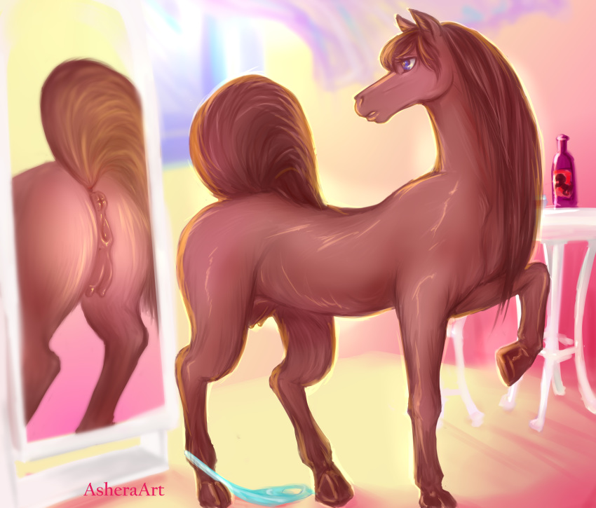 anthro_to_feral anus asheraart blue_eyes breasts butt equine female feral fur horse magic mammal mirror nipples nude pussy solo story teats transformation