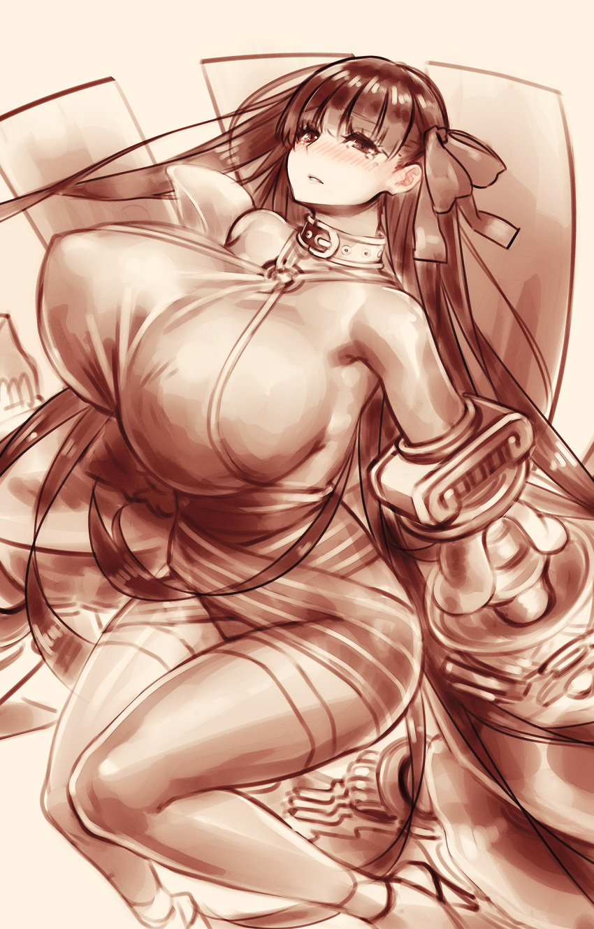 bangs bare_shoulders belt_collar blush boots breasts claws commentary fate/extra fate/extra_ccc fate_(series) hair_ribbon hayama_kazusa high_heels highres hips huge_breasts long_hair looking_at_viewer monochrome o-ring o-ring_top parted_lips passion_lip ribbon sash sideboob thigh_boots thighhighs thighs very_long_hair