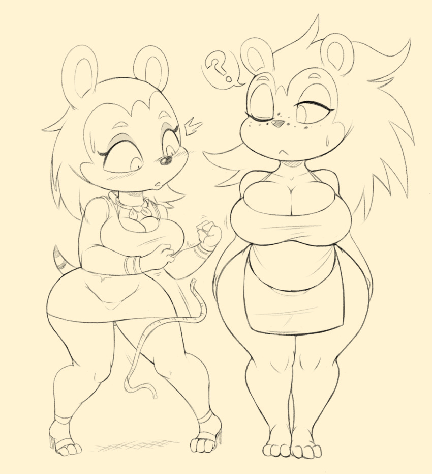 2018 ? animal_crossing anthro apron blush breasts cleavage clothed clothing duo female freckles hedgehog hi_res labelle_able mammal monochrome nintendo one_eye_closed purple_yoshi_draws sable_able tape_measure video_games