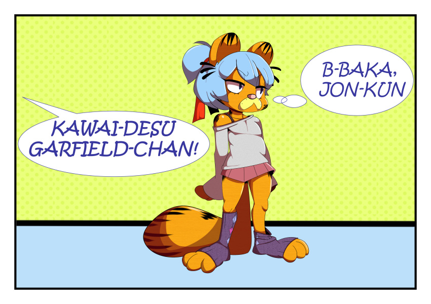 annoyed anthro blue_hair cat clothed clothing feline fur garfield garfield_(series) hair long_tail male mammal orange_fur pantygremlin pink_nose ponytail purple_eyes skirt solo