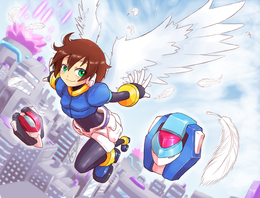 1girl aile angel_wings background bangs blue_footwear blush bodystocking bracelet brown_hair building capcom city cloud cropped_jacket dutch_angle feather flying full_body green_eyes hair_between_eyes inti_creates jacket livemetal model_x model_z outstretched_arms pantyhose pocket puffy_short_sleeves robot_ears rockman rockman_zx short short_hair short_shorts shoutaro_saito sky skyscraper smile spread_arms undershirt white_feathers white_shorts white_wings wings