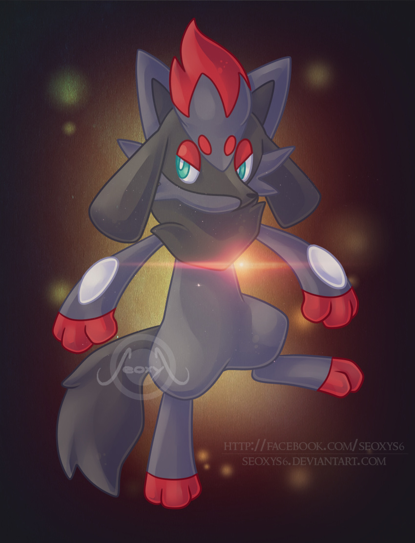 2015 3_fingers 3_toes absurd_res alternate_species ambiguous_gender black_fur canine digital_media_(artwork) fur fusion green_eyes hi_res hybrid mammal nintendo pok&eacute;mon pok&eacute;mon_(species) pok&eacute;mon_fusion riolu semi-anthro seoxys6 solo teal_eyes toes url video_games watermark zorua