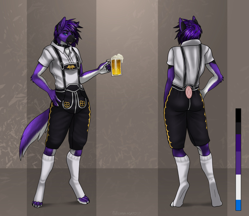 2017 alcohol beer beverage blue_eyes clothing collar color_swatch eliana-asato fur male model_sheet multicolored_fur purple_fur shepherd simple_background solo standing