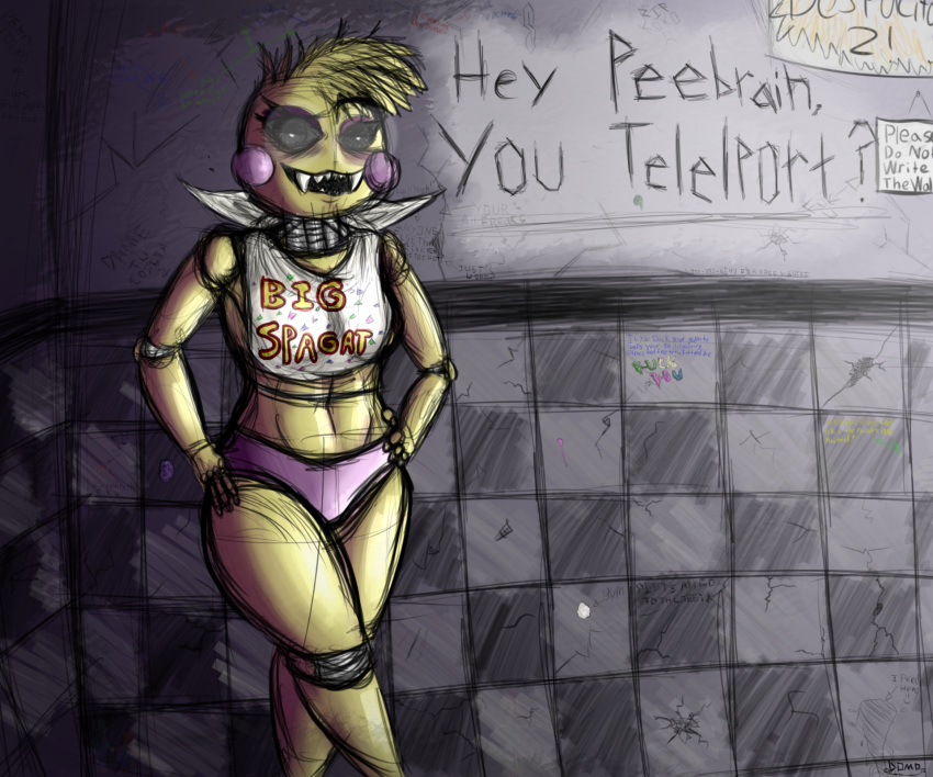 2018 animatronic anthro avian bib bird breasts chicken clothed clothing dialogue digital_media_(artwork) english_text female five_nights_at_freddy's five_nights_at_freddy's_2 glowing glowing_eyes graffiti half-closed_eyes homo_the_domo looking_at_viewer machine not_furry open_mouth panties robot sharp_teeth smile solo teeth text toy_chica_(fnaf) underwear video_games
