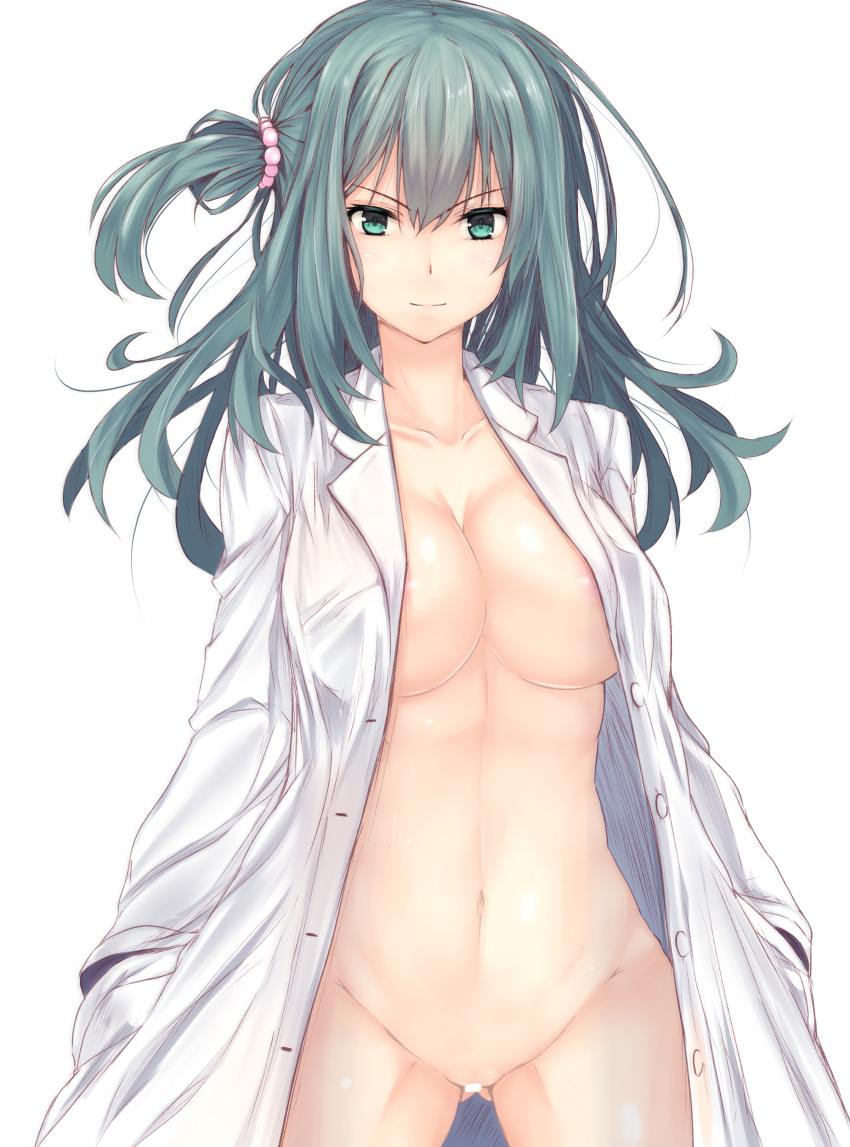 absurdres areolae ass_visible_through_thighs bar_censor breasts censored closed_mouth collarbone green_eyes green_hair hands_in_pockets highres light_smile looking_at_viewer medium_breasts navel open_clothes open_shirt pussy riddle_joker shikibu_mayu shirt shishin_(shishintei) short_hair side_ponytail simple_background smile solo white_background white_shirt