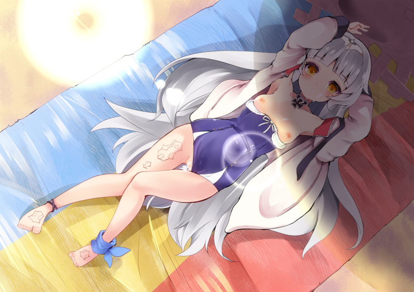 after_sex arms_up azur_lane blush breasts censored commentary_request cum cum_in_pussy grey_hair hat iron_cross jacket lens_flare long_hair looking_at_viewer lying shadow small_breasts solo straw_hat swimsuit takara_akihito tattoo yellow_eyes z46_(azur_lane)