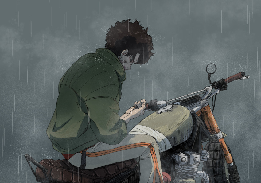 akira1182 brown_eyes brown_hair earpiece green_jacket grey_sky ground_vehicle jacket joe_(megalo_box) male_focus megalo_box motor_vehicle motorcycle on_motorcycle outdoors rain scar sitting solo