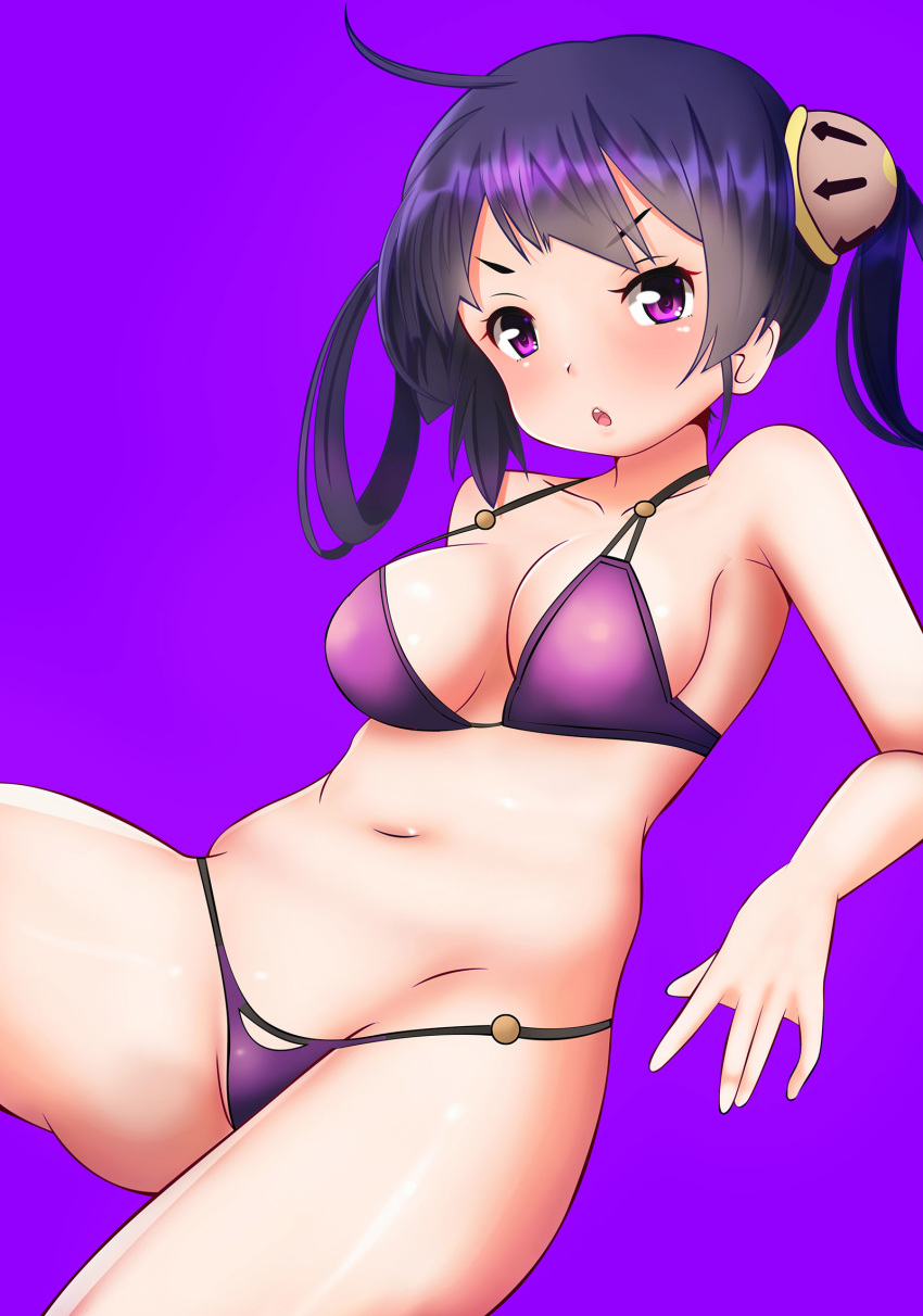 ahoge azur_lane bikini black_hair breasts cowboy_shot feet_out_of_frame hair_rings hifumi_kei highres invisible_chair long_hair looking_at_viewer medium_breasts ning_hai_(azur_lane) purple_background purple_bikini purple_eyes simple_background sitting solo swimsuit twintails v-shaped_eyebrows