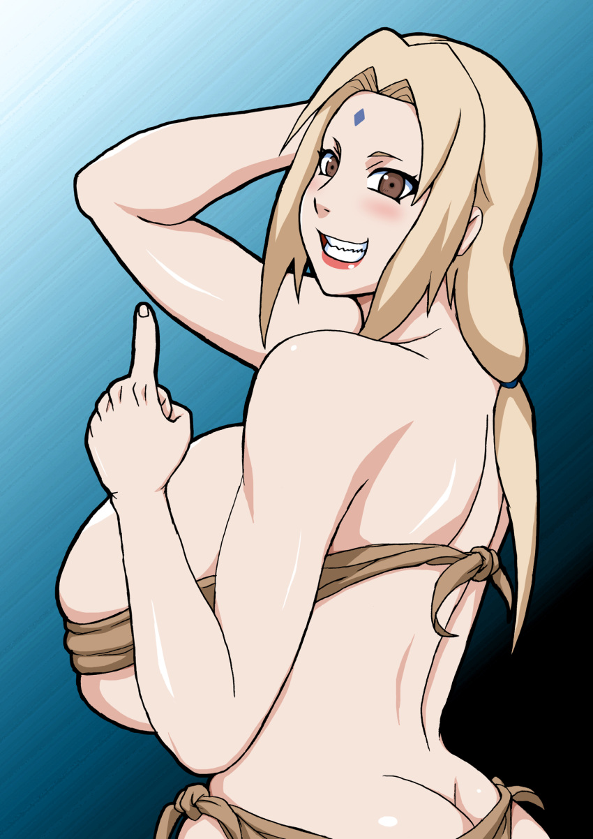 1girl ass blonde_hair breasts butt_crack forehead_mark grin huge_breasts naruho naruto solo tsunade