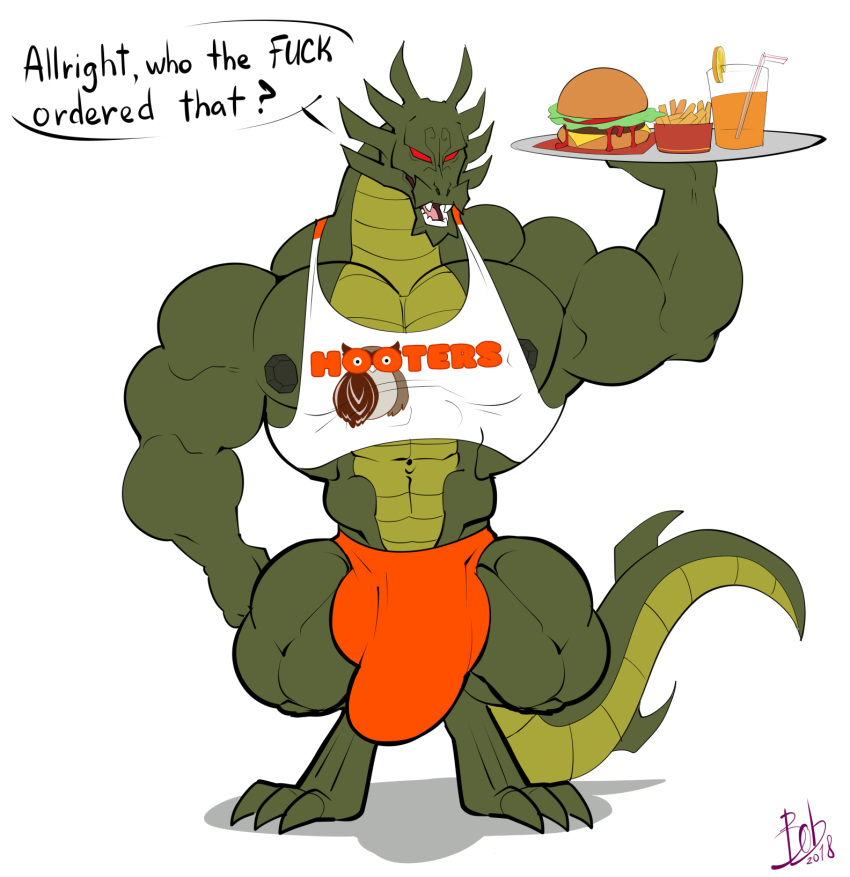 anthro armpit_hair beverage big_muscles bobthetanuki bulge burger butt butt_hair butt_shot clothing demon dragon english_text food fries fruit_juice hairy_butt hooters horn jackie_chan_adventures juice_(disambiguation) looking_at_viewer male muscular navel orange_juice penis_outline red_eyes scalie shendu shirt slots solo tank_top text waiter