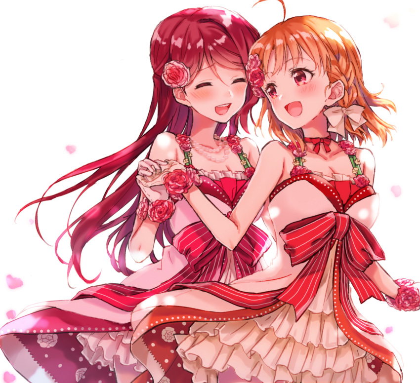 :d ^_^ ahoge bangs blush bow braid breasts cherry_blossoms choker cleavage closed_eyes collarbone commentary_request dress flower gloves hair_bow hair_flower hair_ornament half_updo holding_hands jewelry long_hair looking_at_another love_live! love_live!_sunshine!! multiple_girls necklace open_mouth orange_hair overskirt pearl_necklace petals pink_flower pink_rose red_choker red_eyes red_hair red_ribbon ribbon ribbon_choker rose round_teeth sahara_(charlotte) sakurauchi_riko short_hair side_braid smile striped striped_ribbon takami_chika teeth upper_teeth white_bow white_gloves wrist_flower yuri