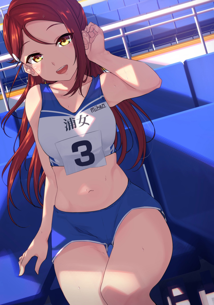 bangs bare_shoulders bleachers blush breasts clothes_writing collarbone commentary_request crop_top day eyebrows_visible_through_hair gym_shorts hair_between_eyes hair_ornament hair_tucking hairclip highres long_hair looking_at_viewer love_live! love_live!_sunshine!! medium_breasts midriff navel open_mouth outdoors parted_bangs red_hair sakurauchi_riko shorts sitting smile solo sweat track_and_field track_uniform yamaori_(yamaorimon) yellow_eyes