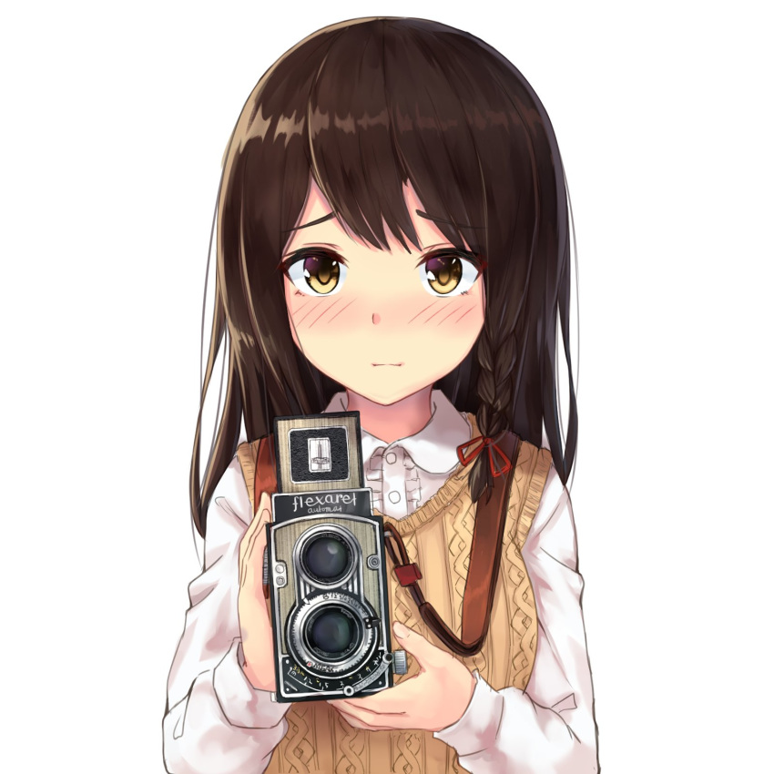 aran_sweater bangs blush braid breasts brown_eyes brown_hair camera closed_mouth collared_shirt commentary_request dress_shirt eyebrows_visible_through_hair eyes_visible_through_hair frills hair_ornament hair_over_shoulder hair_ribbon highres holding holding_camera karo-chan lace lace-trimmed_shirt long_hair long_sleeves looking_at_viewer medium_breasts original red_ribbon ribbon shirt side_braid sidelocks simple_background solo sweater sweater_vest swept_bangs tress_ribbon twin-lens_reflex_camera upper_body white_background white_shirt yellow_sweater