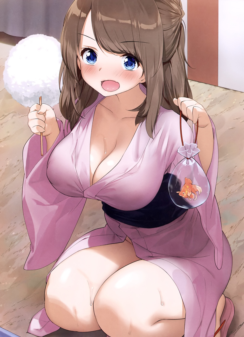 absurdres asymmetrical_bangs bag bagged_fish bangs bare_legs blue_eyes blue_sash blush breasts brown_hair cleavage collarbone cotton_candy covered_nipples dengeki_moeou eyebrows_visible_through_hair fish goldfish highres holding japanese_clothes kaisen_chuui kimono large_breasts magazine_scan no_panties obi open_mouth original outdoors pink_footwear pink_kimono ponytail sandals sash scan squatting sweat tongue v-shaped_eyebrows