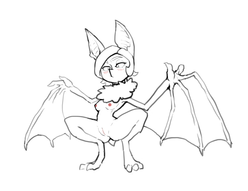 2018 3_toes 4_fingers anthro bat bat_wings blush breasts crouching digital_media_(artwork) female hair half-closed_eyes mammal membranous_wings monochrome nipples nude pussy reccand short_hair simple_background solo toes wings