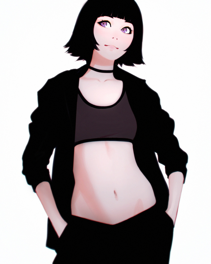 black_hair choker closed_mouth cowboy_shot hands_in_pockets highres ilya_kuvshinov jacket looking_to_the_side midriff navel open_clothes open_jacket original purple_eyes short_hair smile solo sports_bra white_background
