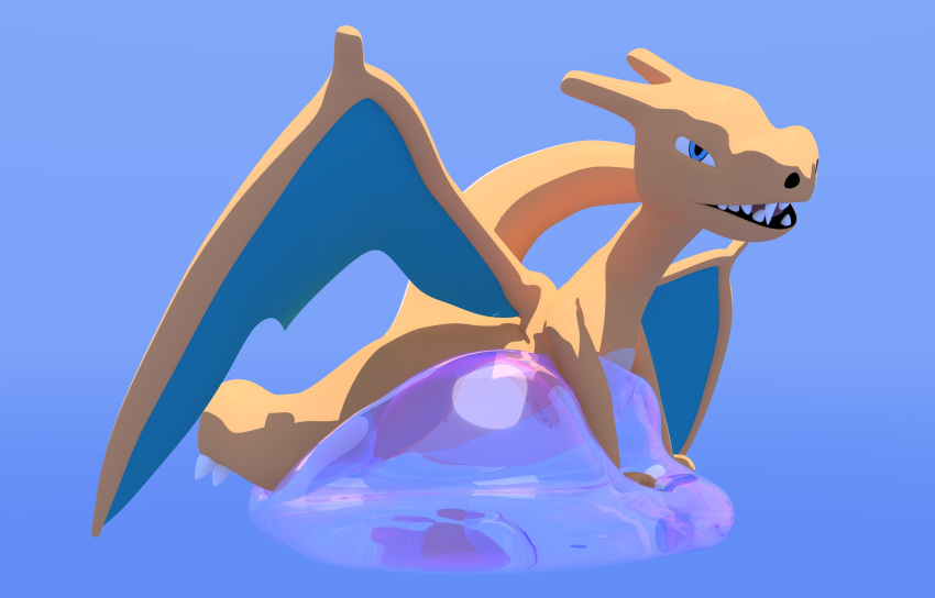 3d_(artwork) 3drender ambiguous_gender blue_background bubble charizard digital_media_(artwork) model nintendo pok&eacute;mon pok&eacute;mon_(species) simple_background skeletorskeletonized solo squish video_games