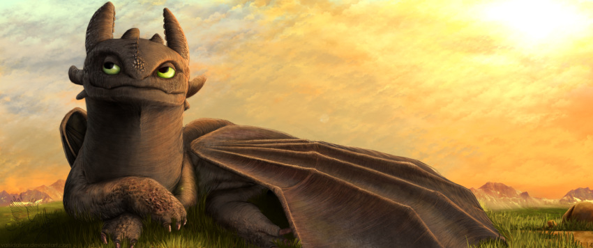 2015 3_toes ambiguous_gender black_claws black_eyes black_scales black_skin claws digital_media_(artwork) dragon dreamworks falcrus feral fields folded_wings front_view grass green_sclera hi_res how_to_train_your_dragon looking_aside looking_up lying membranous_wings mountain night_fury on_side outside portrait quadruped rock scales solo sunset toe_claws toes toothless url wings