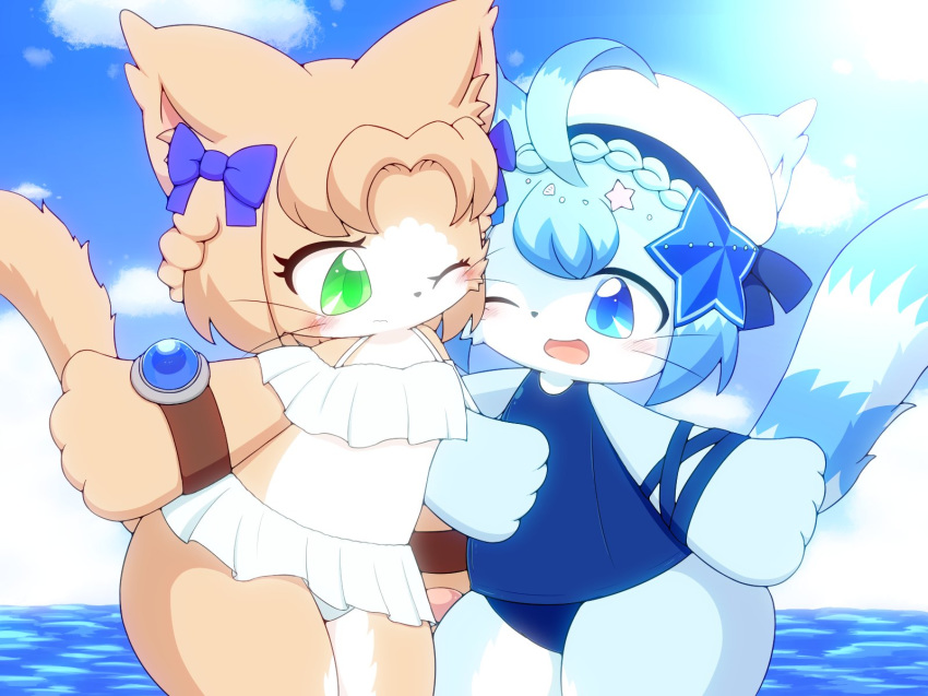 2girls artist_request blue_eyes blue_hair brown_hair cat cat_busters furry green_eyes multiple_girls short_hair