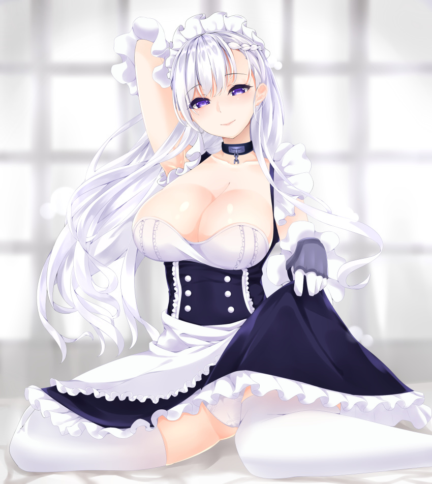 absurdres apron arm_behind_head armpits ass azur_lane bangs bed_sheet belfast_(azur_lane) blush braid breasts cameltoe chain cleavage collar collarbone commentary_request dress dress_tug elbow_gloves eyebrows_visible_through_hair french_braid frilled_gloves frills gloves head_tilt highres indoors large_breasts lifted_by_self long_hair looking_at_viewer maid maid_headdress panties parted_lips purple_eyes sidelocks silver_hair sitting skindentation skirt smile solo surota thighs underwear wariza white_gloves white_panties