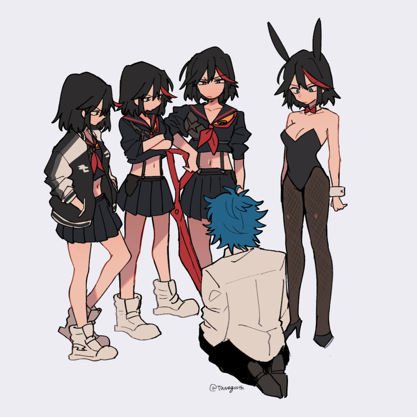 1boy 4girls animal_ears bangs black_blouse black_footwear black_hair black_jacket black_legwear black_pants black_skirt blouse blue_eyes blue_hair bow bowtie breasts bunny_ears bunny_tail bunnysuit cleavage closed_mouth commentary crossed_arms detached_collar eyebrows_visible_through_hair fake_animal_ears frown glaring grey_background half-closed_eyes hands_in_pockets high_heels highlights highres holding holding_weapon jacket kill_la_kill legwear_under_shorts leotard letterman_jacket looking_at_another matoi_ryuuko medium_breasts midriff mikisugi_aikurou mittsun multicolored_hair multiple_girls multiple_persona navel neckerchief no_legwear open_clothes open_jacket pants pantyhose pleated_skirt red_hair red_neckwear school_uniform scissor_blade seiza senketsu serafuku shirt shoes short_hair shorts simple_background sitting skirt sleeves_rolled_up standing strapless strapless_leotard suspenders tail twitter_username two-tone_hair v-shaped_eyebrows weapon white_footwear white_shirt