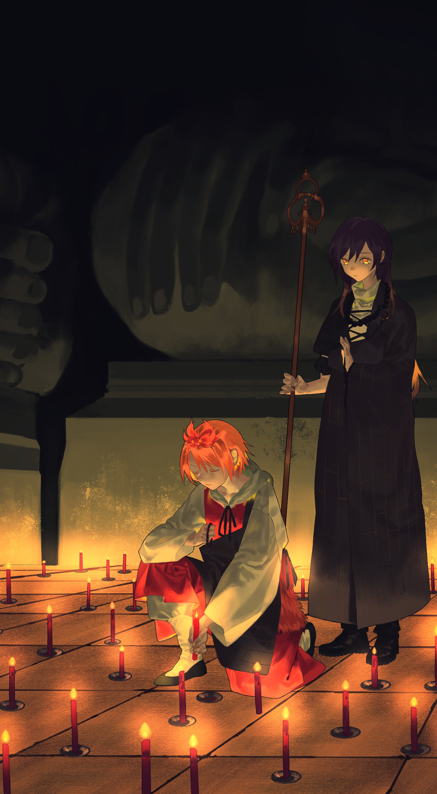 absurdres bad_id bad_pixiv_id beads blonde_hair boots candle candlelight closed_eyes commentary gradient_hair high_collar highres hijiri_byakuren kesa kneeling long_hair multicolored_hair multiple_girls orange_eyes orange_hair ouka_musci prayer_beads praying purple_hair robe short_hair staff toramaru_shou touhou wide_sleeves yellow_eyes