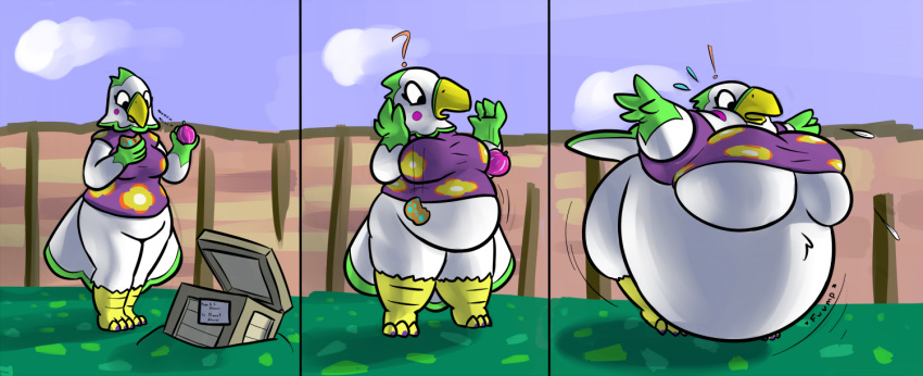 ! 3_toes 4_fingers ? animal_crossing anthro avian barefoot beak belly belly_expansion bent_over big_belly big_breasts biped bird bird_feet black_eyes bottomless box breast_expansion breasts butt_expansion celia_(animal_crossing) cheek_bulge chewing claws clothed clothing cloud confusion crate digital_drawing_(artwork) digital_media_(artwork) eating eyelashes feather_tuft feathered_wings feathers featureless_breasts featureless_crotch female flying_sweatdrops food front_view frown fruit full-length_portrait geckomania gloves_(marking) grass green_feathers green_tail green_wings growth head_tuft holding_food holding_object huge_breasts hyper hyper_belly inflation looking_at_self looking_down loose_feather markings medium_breasts motion_lines nintendo non-mammal_breasts obese obese_female open_beak open_frown open_mouth outside overweight portrait purple_claws purple_clothing sequence shadow shirt sky solo sound_effects spread_arms standing surprise sweat sweatdrop tail_feathers talons thick_thighs toe_claws toes tuft two_tone_tail two_tone_wings under_boob video_games white_feathers white_tail white_wings wide_hips winged_arms wings yellow_beak