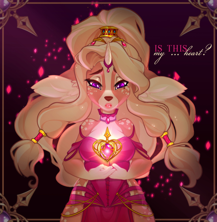 anthro beauty_mark blonde_hair breasts brown_nose cervine choker clothed clothing ear_tuft english_text female fur gem hair horn long_hair mammal open_mouth pacevanrign purple_eyes sad solo spots tan_fur teeth text tuft yellow_fur