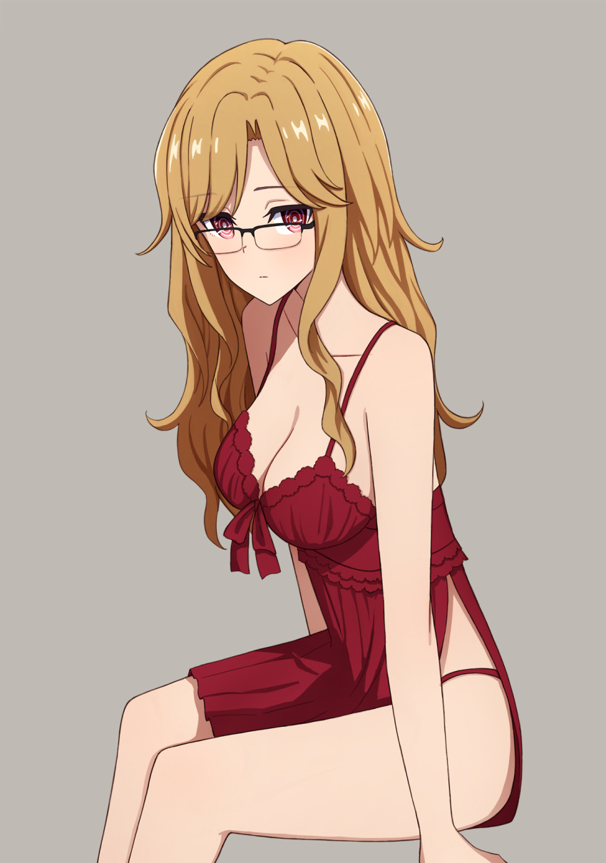 asymmetrical_bangs bangs bare_shoulders breasts cleavage expressionless glasses grey_background highres invisible_chair kiryuu_moeka large_breasts light_brown_hair lingerie long_hair looking_at_viewer negligee panties parted_bangs red_eyes red_panties ringed_eyes side_slit simple_background sitting solo steins;gate steins;gate_0 underwear yahiro_(epicopeiidae)