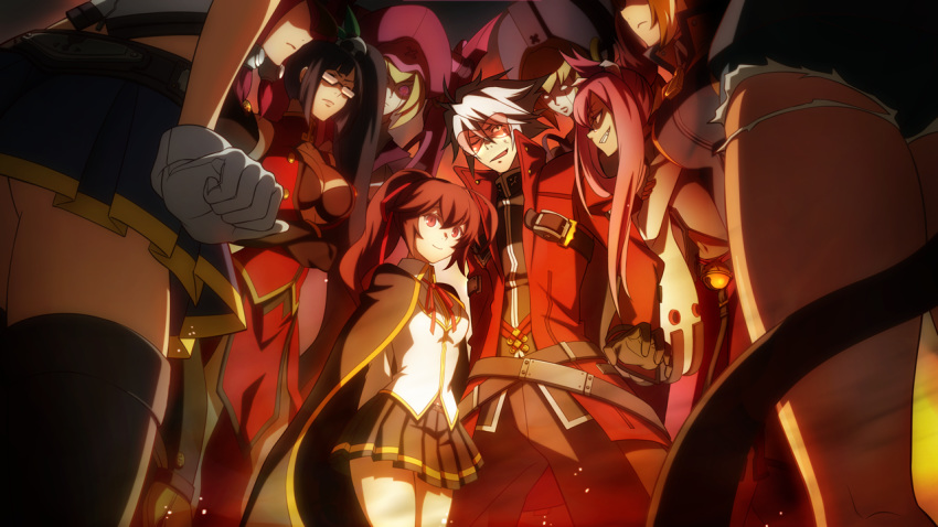 1boy 6+girls angry ass blazblue breasts brown_hair bullet_(blazblue) cleavage glasses gloves kokonoe large_breasts legs litchi_faye_ling medium_breasts multiple_girls noel_vermillion official_art pink_hair ragna_the_bloodedge skirt spectacles_of_eros standing thigh white_hair