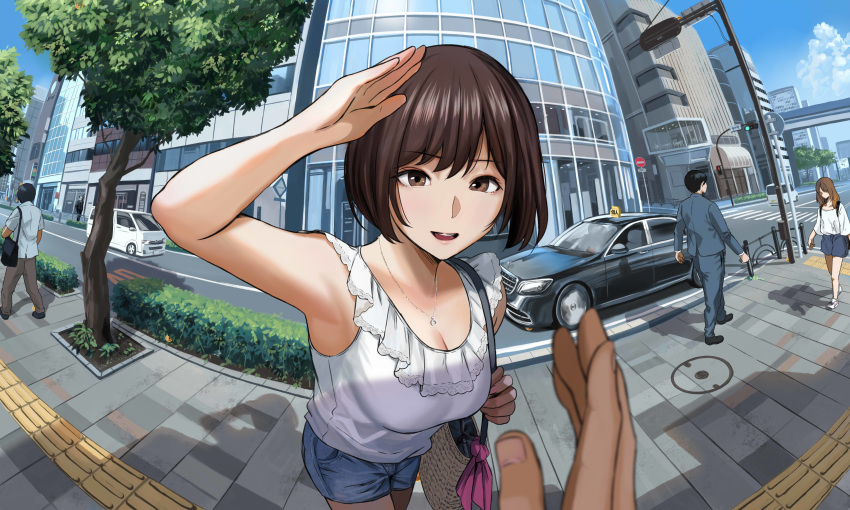 :d absurdres arm_up armpits bag blue_sky breasts brown_eyes brown_hair building car city cleavage cloud collarbone commentary day denim denim_shorts eyebrows_visible_through_hair fisheye frills ground_vehicle handbag hands highres jewelry lamppost looking_at_viewer motor_vehicle necklace open_mouth original outdoors pedestrian_lights pov purple_ribbon ribbon road road_sign salute scenery shadow shirt short_hair short_shorts shorts sidewalk sign sky sleeveless sleeveless_shirt smile street taxi tree urasuji_samurai van