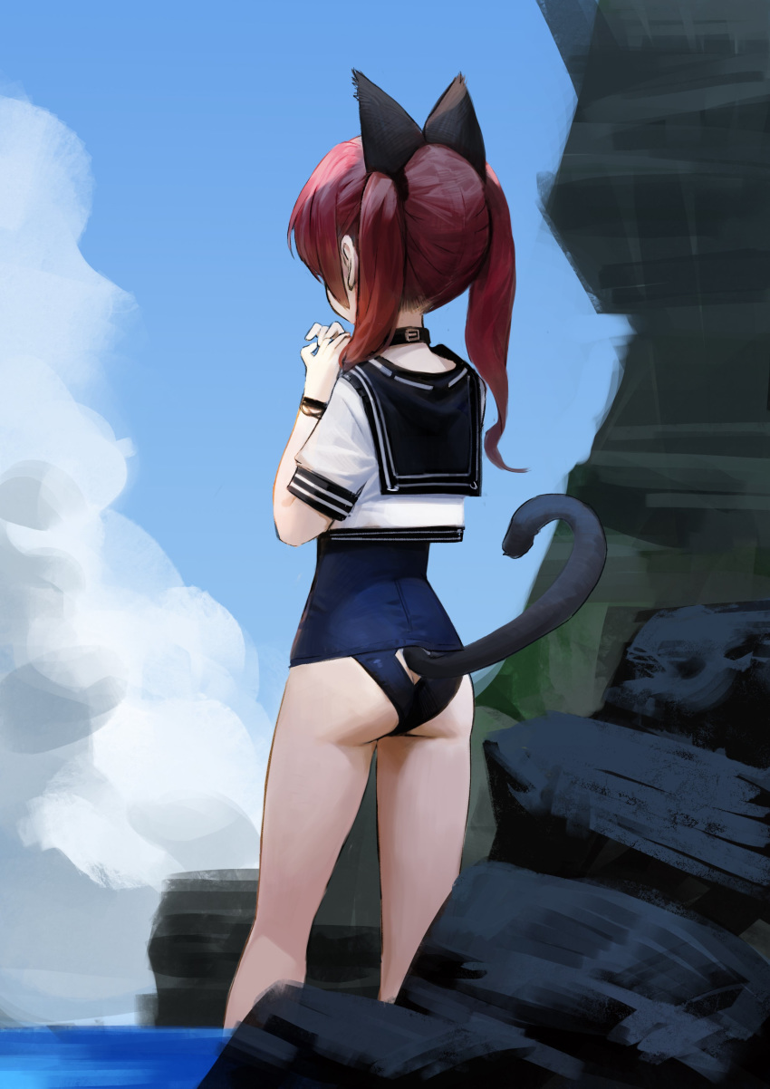 absurdres animal_ears ass ass_cutout back bad_id bad_twitter_id blue_sky bracelet butt_crack cat_ears cat_tail choker cloud crop_top day dokshuri feet_out_of_frame from_behind highres jewelry long_hair ocean one-piece_swimsuit original outdoors own_hands_together pink_hair rock school_swimsuit school_uniform serafuku shirt short_sleeves sky solo standing swimsuit swimsuit_under_clothes tail tail_cutout tail_slit_clothes tail_through_clothes twintails wading water