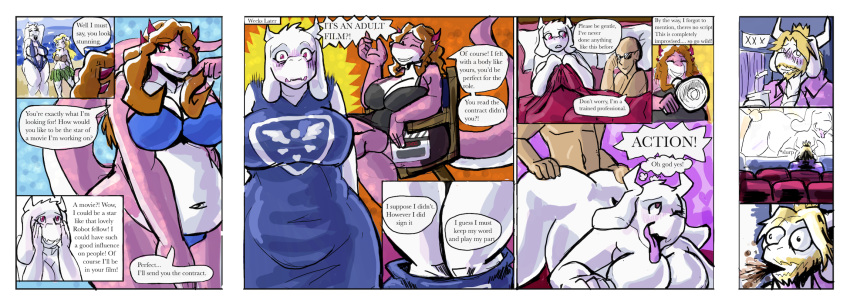 2018 animaniacs anthro asgore_dreemurr beach bed big_breasts bikini blush boss_monster breasts caprine clothed clothing comic digital_media_(artwork) dragon embarrassed english_text female goat huge_breasts human humanoid humor interspecies interspecies_sex mammal manpersonguy mature_female minerva_mink miss_l mrease non-mammal_breasts overweight overweight_female pornography scalie seaside sex spit_take swimsuit text theater toriel undertale video_games warner_brothers