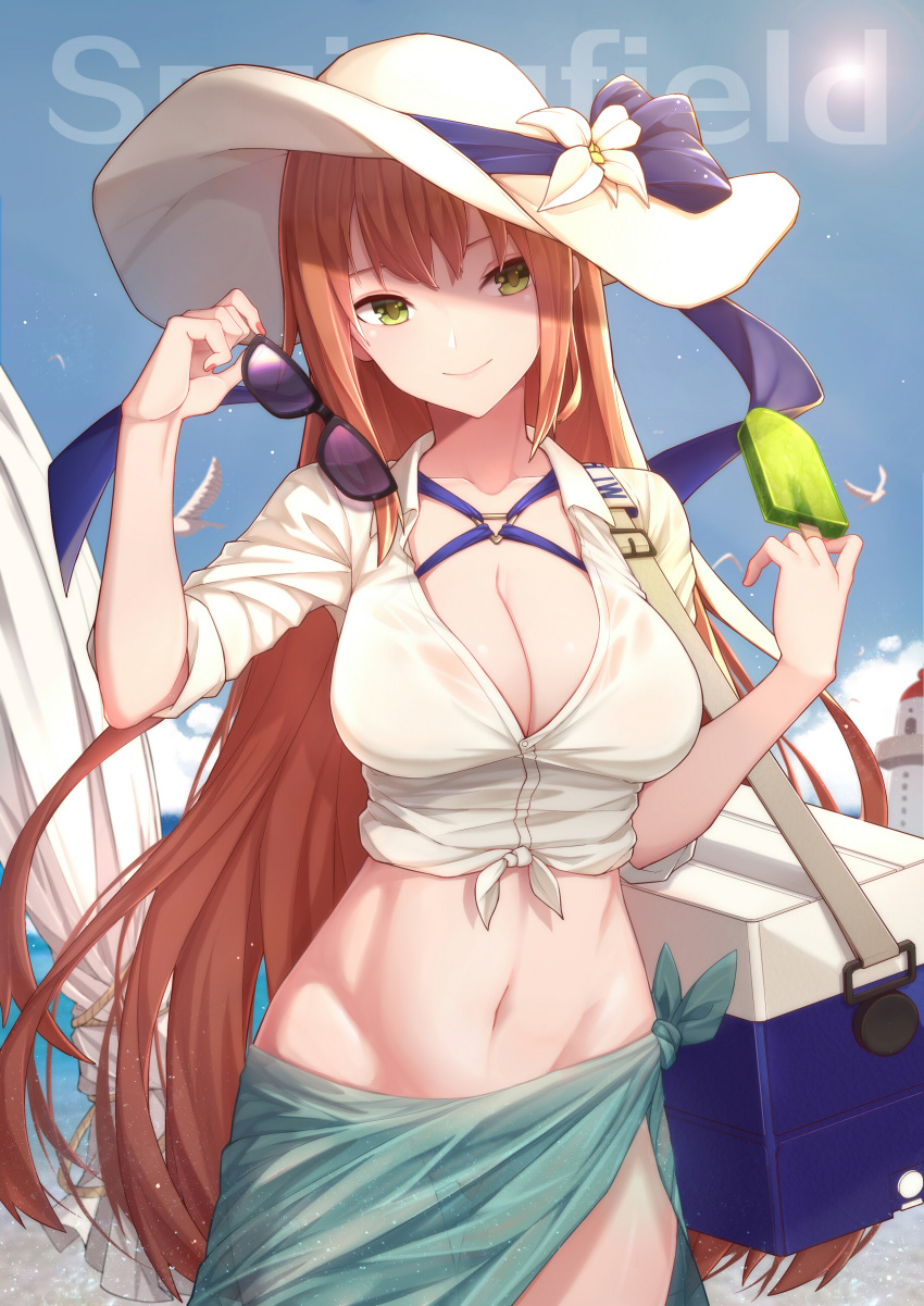 absurdres alternate_costume ass_visible_through_thighs bangs beach bikini bird blue_sky blush breasts brown_hair character_name chinese_commentary cleavage closed_mouth cloud commentary_request cooler cowboy_shot day eyewear_removed food front-tie_top girls_frontline green_eyes groin hair_between_eyes hat head_tilt highres holding holding_eyewear holding_food large_breasts light_particles lighthouse long_hair looking_at_viewer m1903_springfield_(girls_frontline) midriff navel no_panties ocean outdoors popsicle revision ribbon sand sarong see-through shirt sidelocks skindentation sky smile solo stomach summer sun_hat swimsuit thighs tied_shirt very_long_hair weapon_bag white_shirt wind wind_lift yan_mian