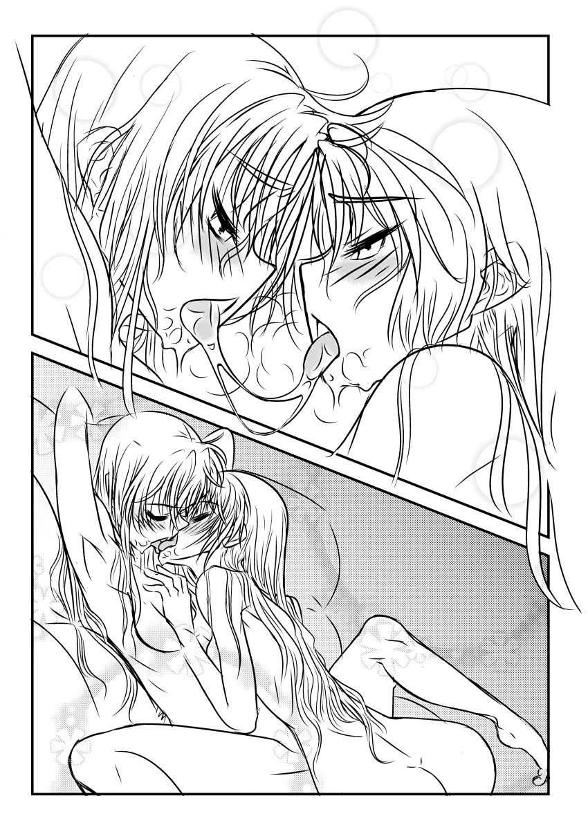 2girls armpit couple eyes_closed fate_testarossa french_kiss kiss long_hair lyrical_nanoha mahou_shoujo_lyrical_nanoha multiple_girls raised_arm saliva sweat takamachi_nanoha tongue very_long_hair wet yuri