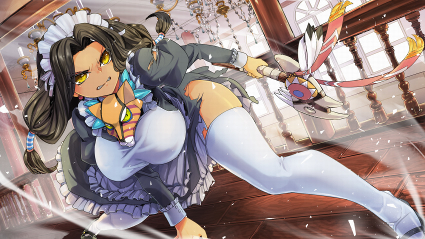 1girl angry axe black_hair breasts clenched_teeth curvy dark_skin female large_breasts long_hair looking_at_viewer maid matsuri_(senran_kagura) senran_kagura shiny shiny_skin solo thighhighs thighs tsubuki_(ron-bb69) twintails weapon yellow_eyes