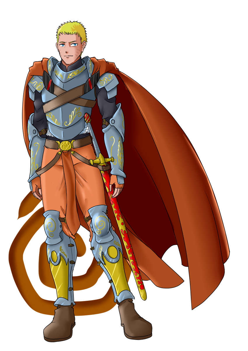 absurdres alternate_costume armor armored_boots blonde_hair blue_eyes boots boruto:_naruto_next_generations cape commentary english_commentary fantasy fingerless_gloves full_body gloves highres knight looking_at_viewer male_focus mattwilson83 naruto naruto_(series) orange_cape orange_pants solo spiked_hair standing sword transparent_background uzumaki_naruto weapon whisker_markings