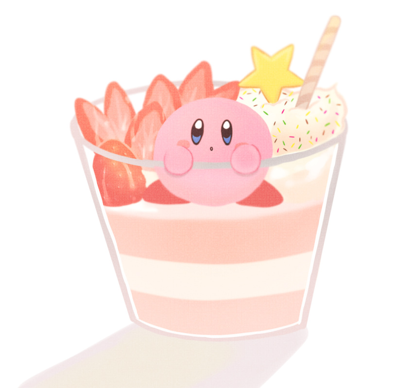 :o blue_eyes blush_stickers commentary cup food fruit full_body highres ice_cream in_container in_cup kirby kirby_(series) mizu_puru no_humans shadow simple_background solo sprinkles star strawberry sundae wafer_stick white_background