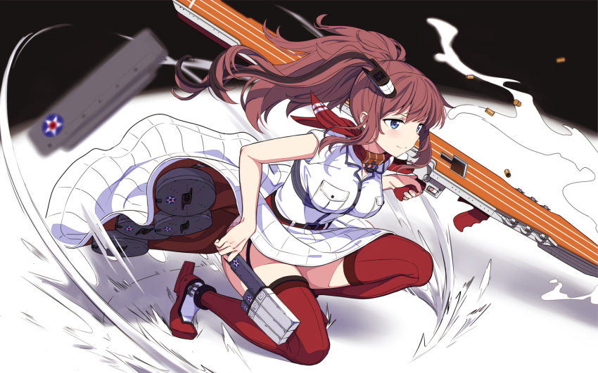 anchor bad_id bad_pixiv_id bangs belt blue_eyes blush breast_pocket breasts brown_hair closed_mouth cnm commentary dress drum_magazine flight_deck floating_hair garter_straps gun hair_between_eyes hair_ornament high_heels highres kantai_collection large_breasts long_hair looking_afar machinery panties pink_panties pocket ponytail pouch red_legwear reloading saratoga_(kantai_collection) scarf shell_casing side_ponytail sidelocks smile smokestack solo squatting submachine_gun thigh_pouch thigh_strap thighhighs thompson_submachine_gun underwear weapon white_dress wind wind_lift