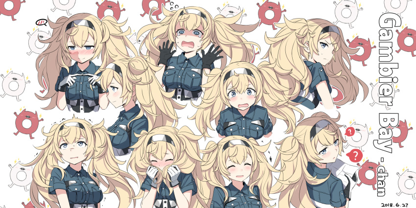 :d ? a bad_id bad_pixiv_id bangs blonde_hair blue_eyes blue_shirt blush breast_pocket breasts character_name closed_eyes cnm collared_shirt commentary covering_mouth crying crying_with_eyes_open dated embarrassed enemy_lifebuoy_(kantai_collection) expressions fingers_together gambier_bay_(kantai_collection) gloves hair_between_eyes hairband hands_up highres holding holding_hair holding_map kantai_collection long_hair looking_at_viewer lost_child medium_breasts multiple_views open_mouth parted_lips pocket scared shirt short_sleeves sidelocks smile spoken_question_mark surprised tears twintails