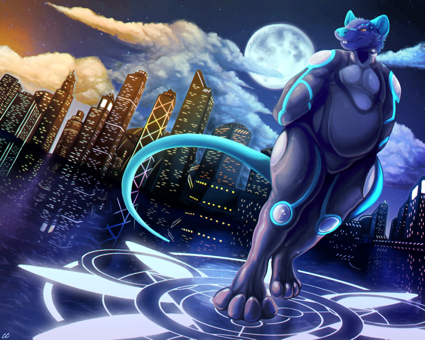 2018 amazing_background anthro baresenio blue_fur blue_nose blue_theme bodysuit buckteeth chibity city cityscape clothed clothing cloud cloudscape detailed_background dutch_angle full_moon fur futuristic glowing long_tail magic magic_circle male mammal moon neon_lights night_sky rat ratsenio red_eyes reflection rodent skinsuit sky skyline skyscraper slightly_chubby smile solo standing star starry_sky teeth tight_clothing walking_on_water water yellow_sclera