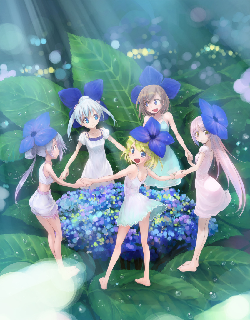 bare_shoulders barefoot blonde_hair bloomers blue_eyes blue_hair brown_hair collarbone dew_drop dress flower hair_flower hair_ornament happy highres holding_hands ikeda_jun_(mizutamari) long_hair multiple_girls open_mouth original purple_eyes purple_hair short_hair short_sleeves silver_hair smile underwear water_drop yellow_eyes