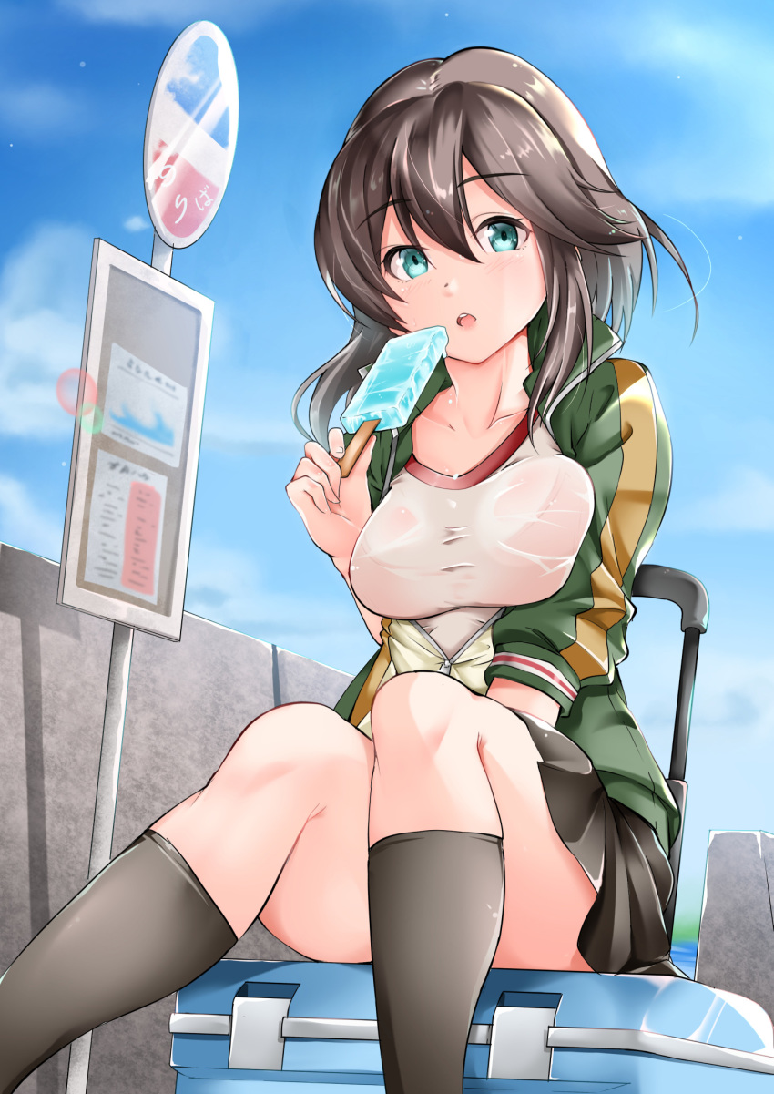 bag black_legwear black_skirt blue_sky bra_through_clothes breasts brown_hair bus_stop cloud collarbone day food green_jacket gym_shirt hayasui_(kantai_collection) highres jacket kantai_collection kneehighs large_breasts looking_at_viewer millipen_(medium) miniskirt ocean open_clothes open_jacket pleated_skirt popsicle road road_sign see-through sezoku shadow shirt short_hair sign sitting skirt sky solo suitcase sunlight traditional_media water wet wet_clothes wet_shirt