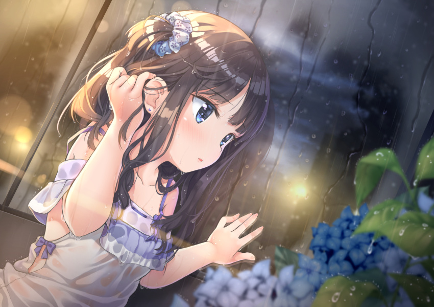 black_hair blue_eyes blush ifnil loli original rain water wet