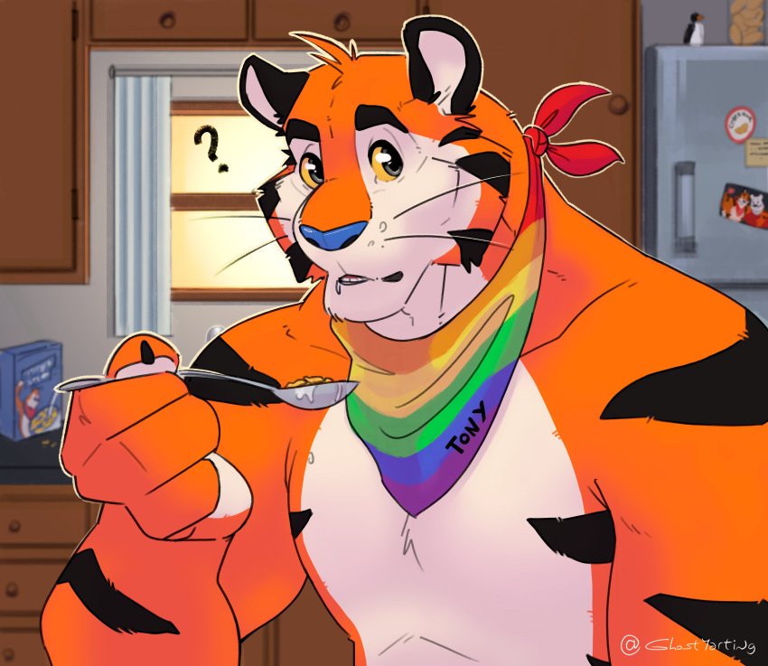 2018 absurd_res anthro blue_nose digital_media_(artwork) feline frosted_flakes fur ghostehwolf hi_res inside kellogg's looking_at_viewer male mammal mascot muscular muscular_male scarf simple_background solo stripes tiger tony_the_tiger