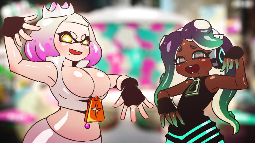 2018 5_fingers beauty_mark big_breasts black_hair body_swap breasts buckteeth cleavage clothed clothing dark_skin digital_media_(artwork) duo female fingerless_gloves flat_chested gloves hair hi_res humanoid inkling light_skin looking_at_viewer marina_(splatoon) midriff mikeinel navel nintendo not_furry octoling open_mouth pearl_(splatoon) pose purple_hair splatoon teeth tentacle_hair tentacles video_games yellow_eyes