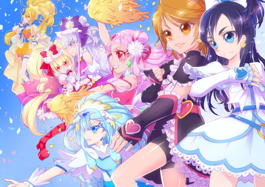 absurdres aisaki_emiru cure_amour cure_ange cure_black cure_etoile cure_macherie cure_white cure_yell earrings flower futari_wa_precure hair_flower hair_ornament hair_ribbon heart highres hugtto!_precure jewelry long_hair looking_at_viewer magical_girl misumi_nagisa multiple_girls navel nijigami_rin nono_hana open_mouth pink_eyes pink_hair pink_skirt pom_poms precure ribbon ruru_amour skirt smile yukishiro_honoka