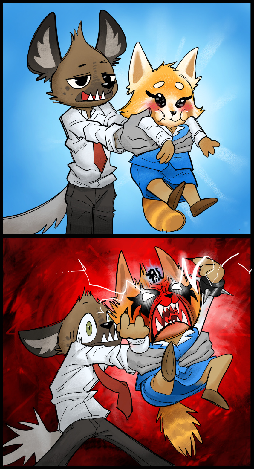 aggressive_retsuko angry cute duo female haida holding_partner hyena male mammal poisondynamite red_panda retsuko sanrio scared screaming worried