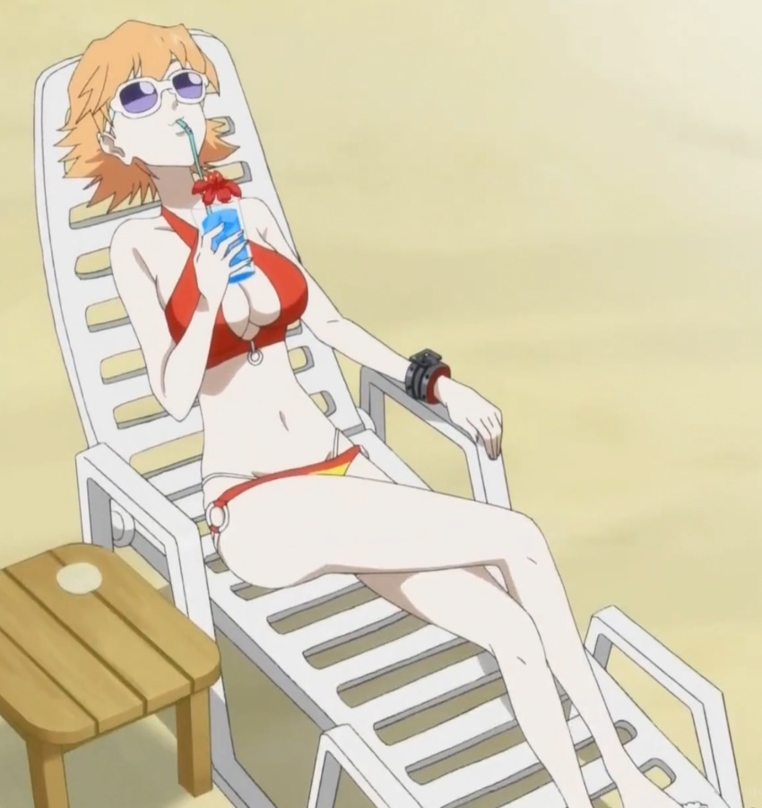 1girl beach bikini blonde_hair breasts cleavage drink eyes_closed flcl flcl_progressive haruhara_haruko sunglasses tagme